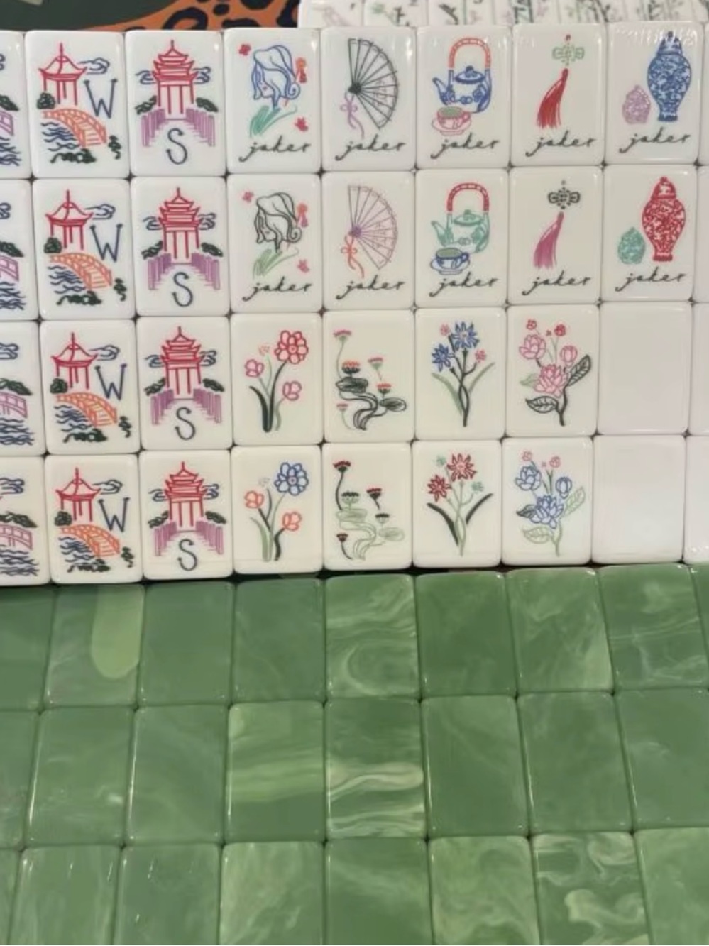 Brand New Mahjong Tile Set - Decorative White and Green Game Tiles